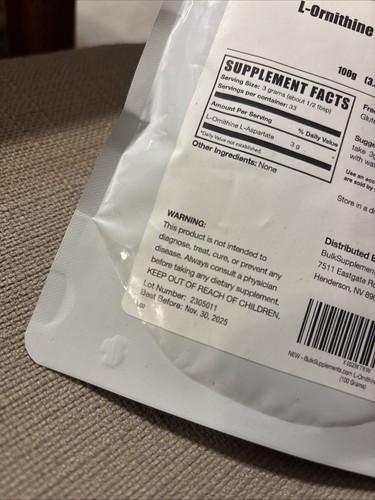 BulkSupplements L-Ornithine L-Aspartate - 3g Per Serving - 3.5 Oz - Exp 11/30/25 - Picture 2 of 3