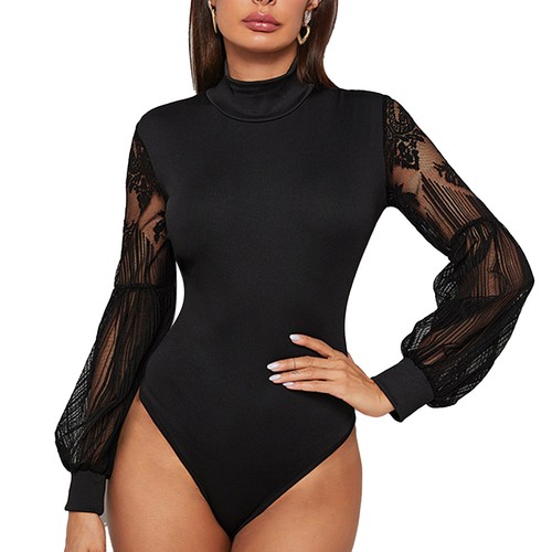 (S Black)Women Bodysuit Lace Splicing Long Mesh Sleeve Mock Neck XAT