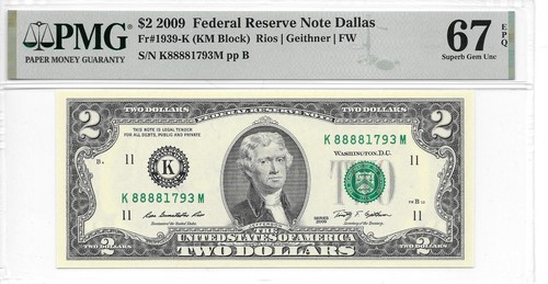 2009 Dallas $2 FRN Lucky Money KM Block PMG 67 EPQ Superb Gem Unc. (K8888xxxxM) - Picture 3 of 8