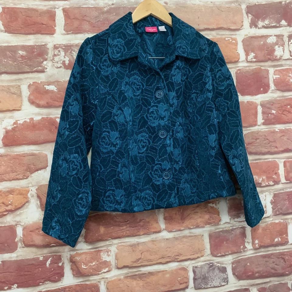 VTG Cappagallo Jacket Womens Petite Large Blue Floral Jacquard Button Up Blazer - Image 2 of 4