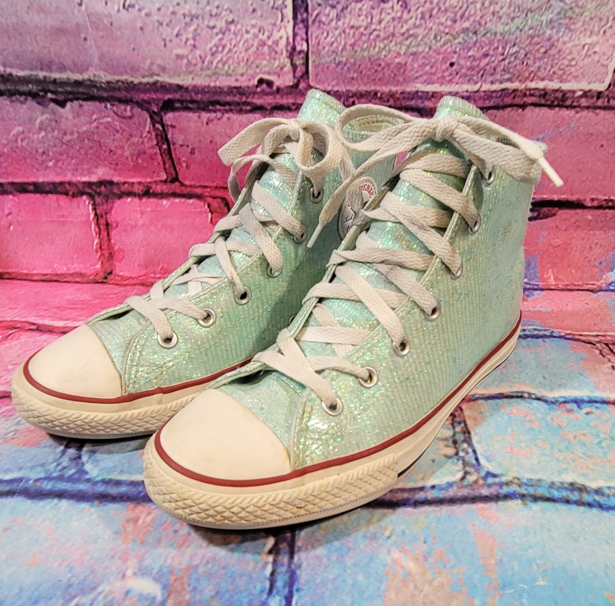 Converse All Star Junior Kids High Top Sneakers Size Sparkle Teal 663626C
