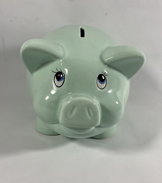 Small Porcelain Green Piggy Bank Removable Rubber Stopper Holds Great