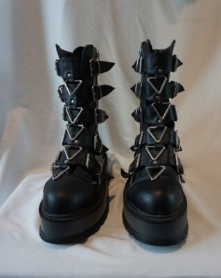 Demonia SLACKER-160 Mid-Calf Boot with Buckle Straps and Zip, Blk Pat-Vegan, 9