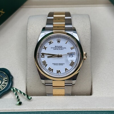 Rolex Datejust 36 NEW 2025 Two Tone Yellow Gold White Roman Smooth Bezel Oyster