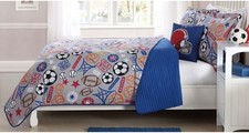 SPORTS EXPRESS Full QUILT SET : BOY TEEN FOOTBALL SOCCER BASKETBALL GRAY VARSITY