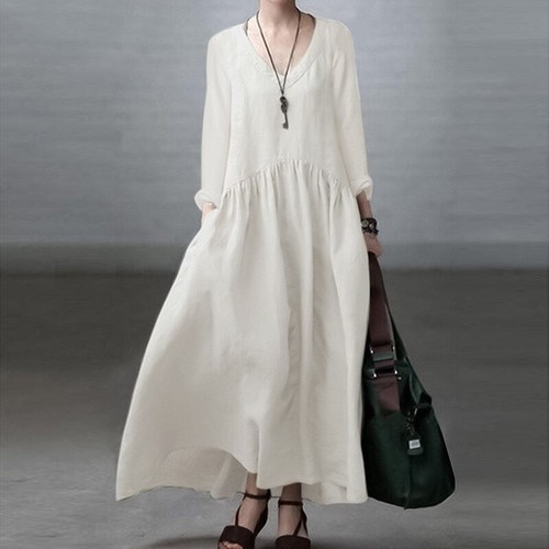 Womens Long Sleeve V Neck Casual Party Evening Oversized Swing Maxi Dress - Picture 28 of 28
