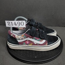 Vans Old Skool Hook  Loop Shoes Junior Sz 6 Black White Suede Low Top Sneakers
