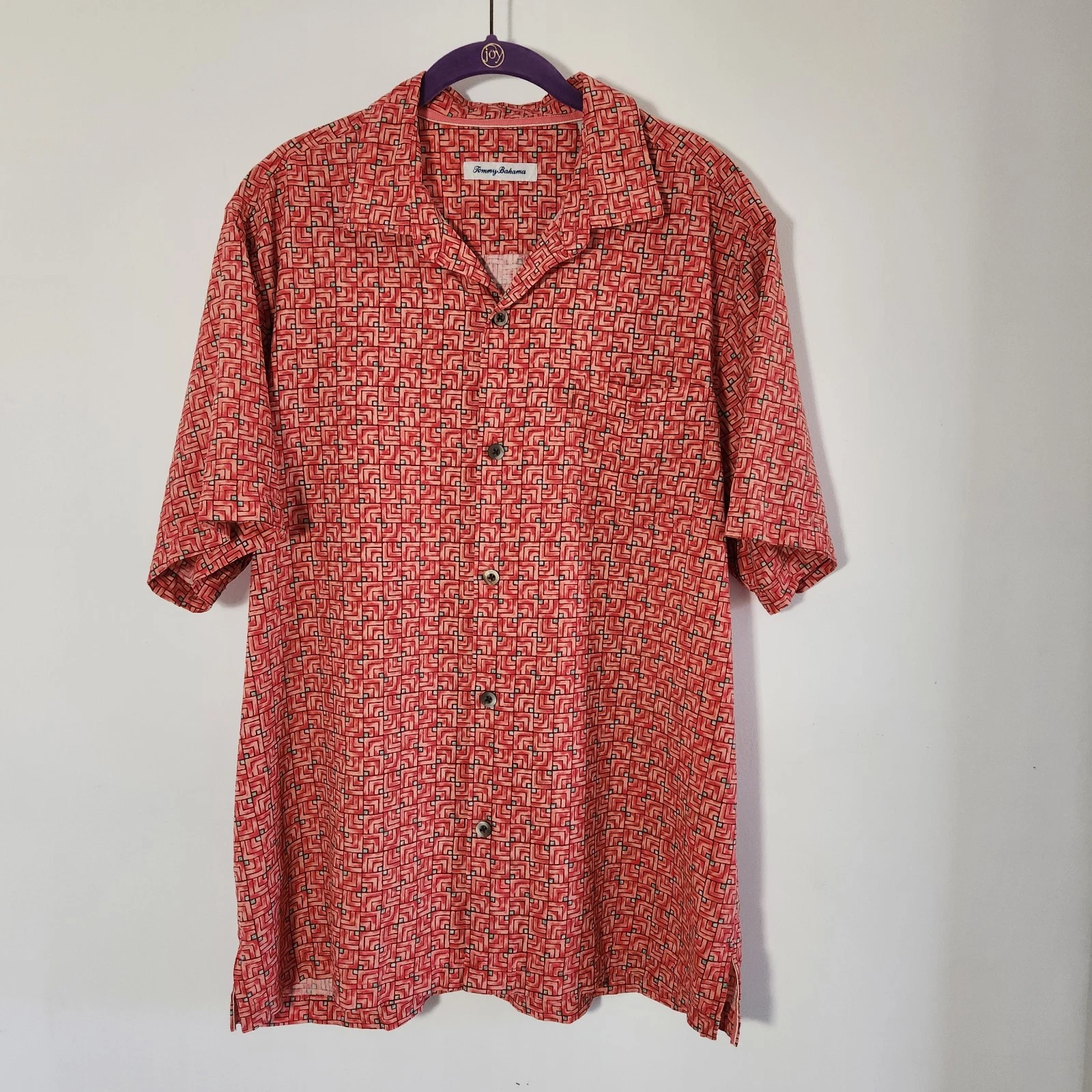Tommy Bahama Mens L Silk Tropical Aloha Shirt Marine Mosaic Geometric Orange