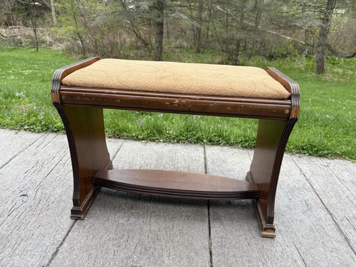 Antique Vintage Mahogany Piano Vanity Bench Tan Upholstery 24” x 13” x 18”  Tall
