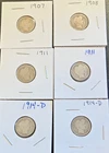 Lot of six Barber Dimes 1907, 1908, 1911(2), 1914D(2)