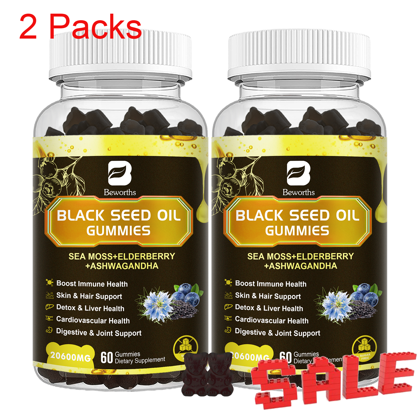 New 2x Organic Black Seed Oil Sea Moss Gummies with Elderberry Ashwagandha