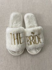 Bridal Slippers Womens Size 36-37 White Gold THE BRIDE Embroidered Fuzzy Slip On