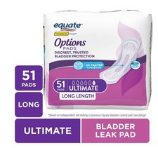Equate Options Women's Incontinence Pads, Ultimate Absorbency, Long Length, 51 C