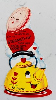 Vintage Valentine Card Anthropomorphic Tea Kettle and Cookie