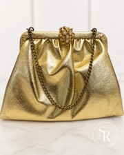 VTG Gold Metallic Evening Clutch Floral Clasp Frame Chain Strap Bag Purse