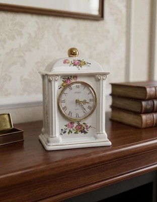 Centurion Hand Painted Floral Victorian Pillar Gold Trim Porcelain Mantel Clock