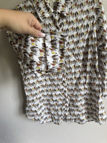 Weston Wear White Brown Bird Print Button Down Blouse Womens L Fall Cotton - Picture 4 of 6