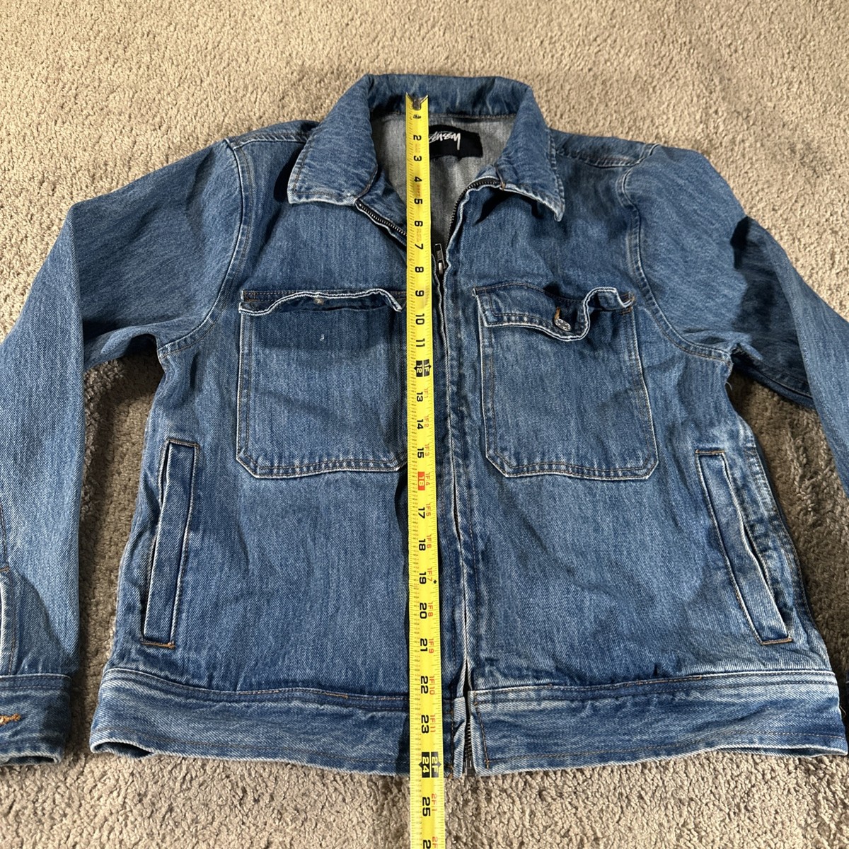 Stussy Jacket Mens Small Blue Garage Denim Full Zip Light Wash Y2K