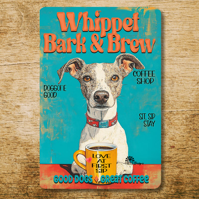 Whippet Dog Coffee Bar Sign Bark & Brew funny metal tin handmade wall art gift