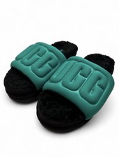 UGG Funkette Logo Slide Slippers Lined Faux Fur Green/Black Women's 6 EU37
