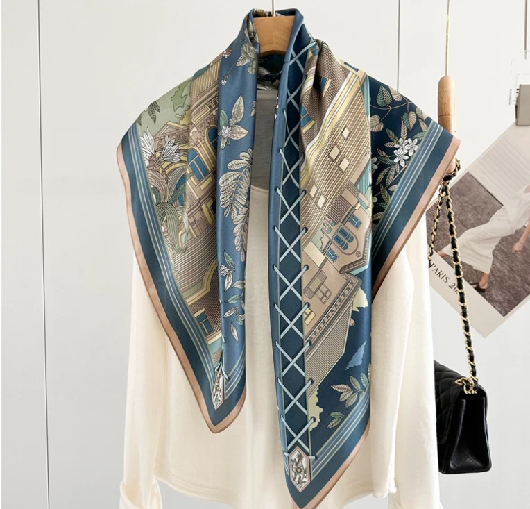 Pure 14 Momme Silk Scarf Shawl 90X90cm Neckerchief floral Print Bandana Wrap new