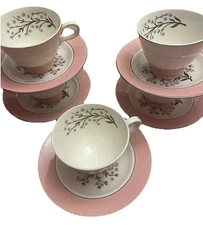 Set of 5 Homer Laughlin Vintage EggShell China Cavalier w/Pink Rim Cups &Saucers