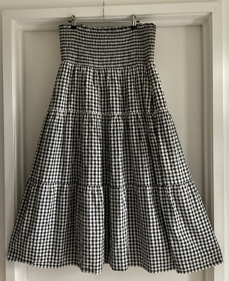 SEA FOLLY Size XL Tiered Cotton Blk/Wht Gingham Skirt Shirr Waist Lined