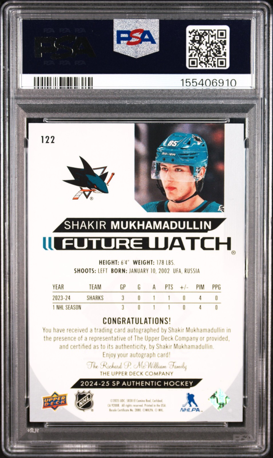2024 UD SP AUTHENTIC AUTO #122 SHAKIR MUKHAMADULLIN ROOKIE RC 219/999 PSA 9 view 2
