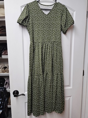 Super Cute Dresses Green/White Polka Dot V-Neck Fit & Flare Midi Dress L