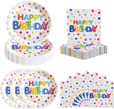 50 Pcs Happy Birthday Paper Plates and Napkins Set, 7" Colorful Polka Dot Dispos