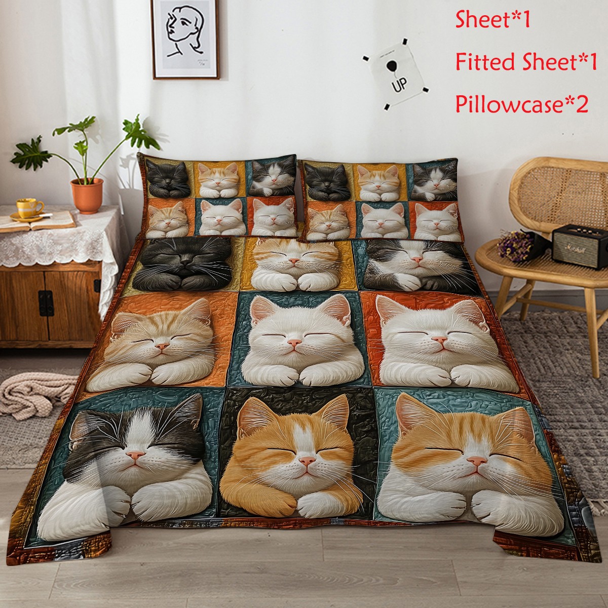 4pcs Kitten Cat Sheet Set, Fitted Sheet with 2 Pillowcases for Bedding Home Gift