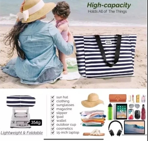 Homespon Beach / Swim Bag; Large; Water-resistant; Blue & White Stripe - Picture 5 of 12