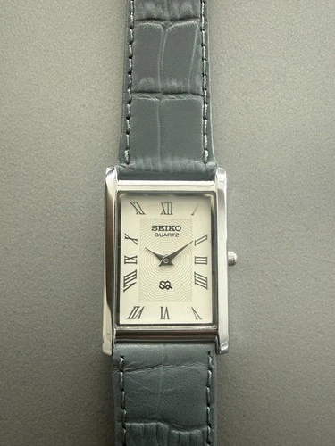 Vintage Seiko Tank Wrist Watch Refurbished White Dial Silver Bezel Grey Strap