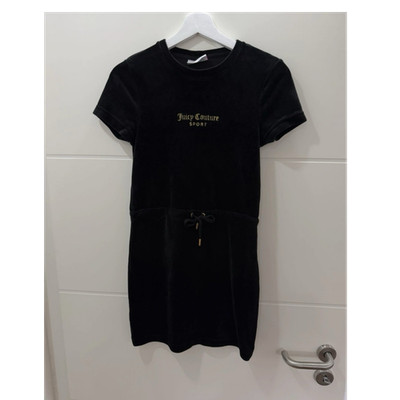 Juicy Couture Damen Shirtkleid XS schwarz Samt Kurzarm Rundhals Taillenzug Logo