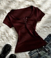 Women s Burgundy Cotton Knit Solid Henley T-S...