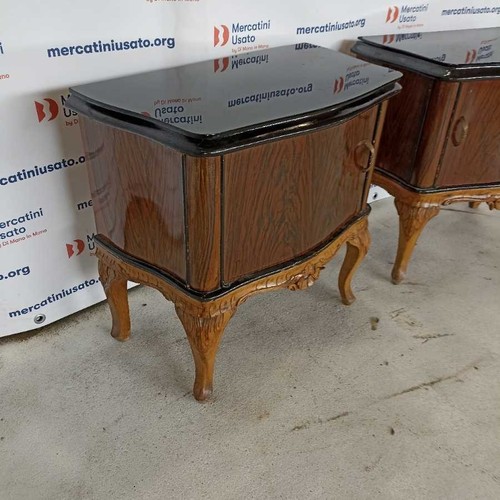 Coppia Comodini Antichi Legno Intagliato Vetro Opalino Italia Primi '900 - Imagen 3 de 6