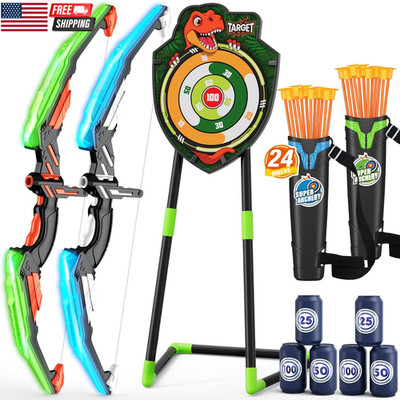 2 Pack Bow and Arrow for Kids, LED Light up Archery Set with 24 Suction Cup Arro