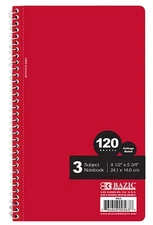 Bazic 1-Spiral Notebook 3-Subject 9.5"X5.75" Ast Colors 120 Sheets School Office