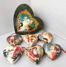 Vintage Heart Christmas Santa Ornaments (6) Papier Mache Retro C&F Boxed