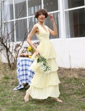 ZARA PASTEL YELLOW RUFFLED KNIT SLEEVELESS LONG DRESS SIZE S