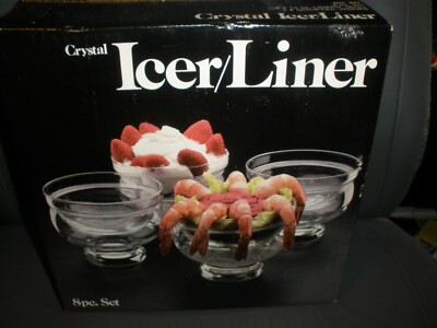 New Vintage 1981 Leonard Towle 8 Piece Crystal Icer Liner Cocktail Dish Set