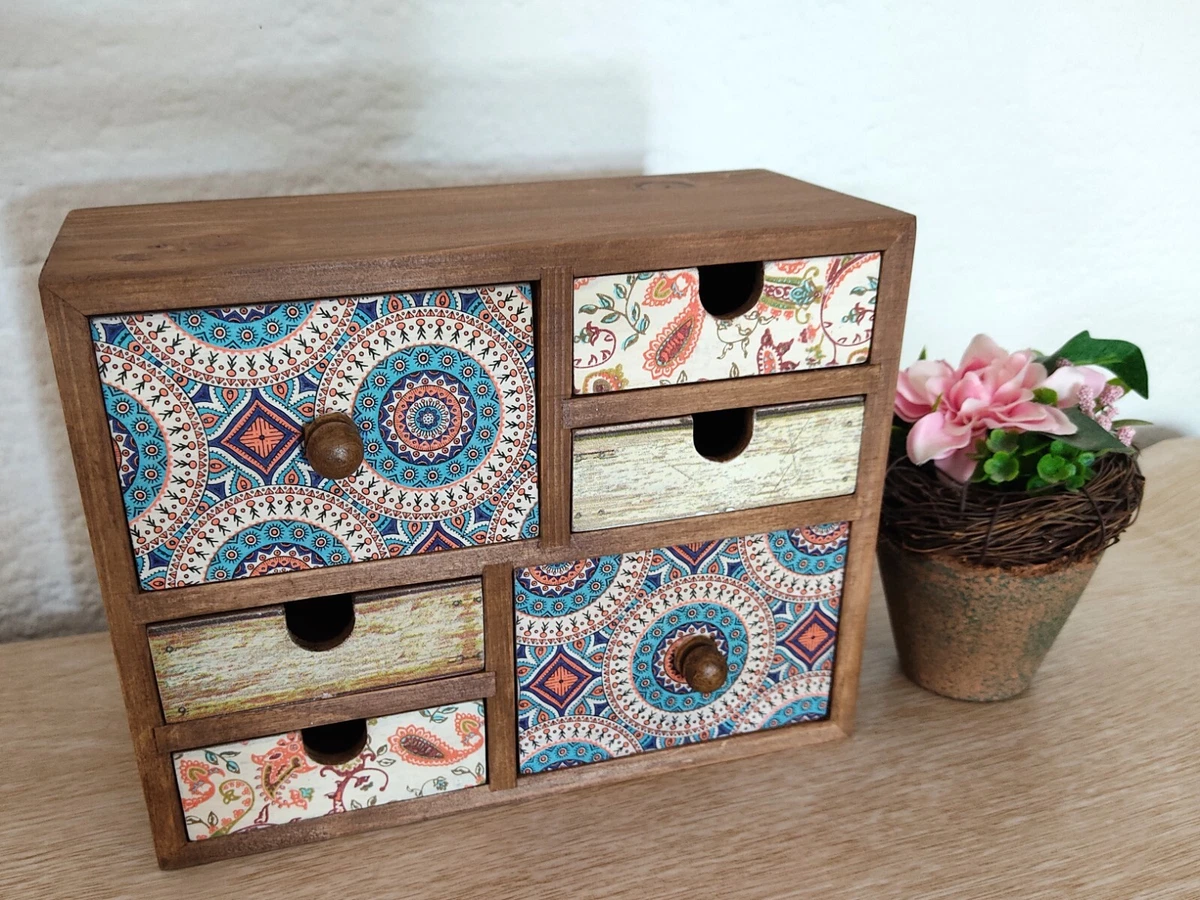 Mini Desktop Chest Of Drawers. Jewelry Drawers Box with blue and orange designs