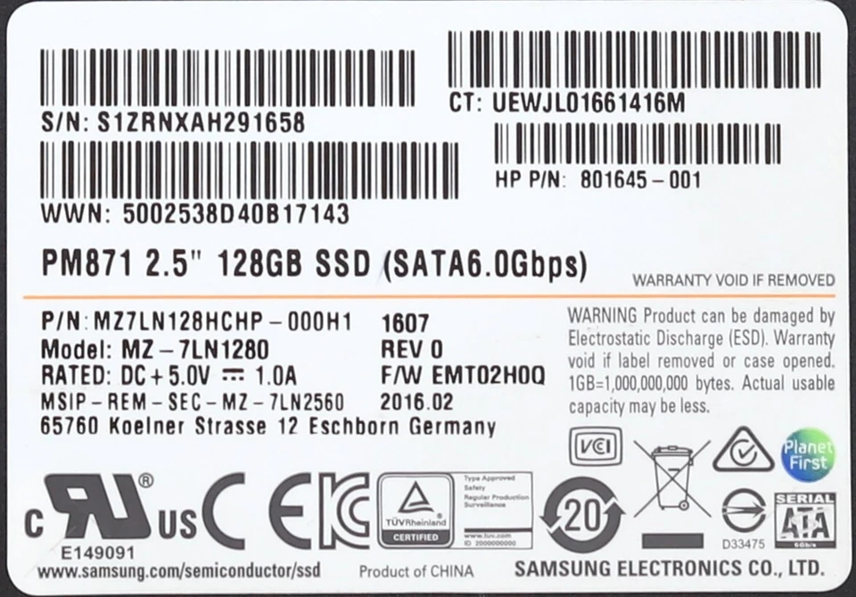 Samsung PM871/MZ-7LN1280 128GB 2.5" 6Gbps SATA SSD HP P/N: 801645-001 Tested - Image 4 of 4