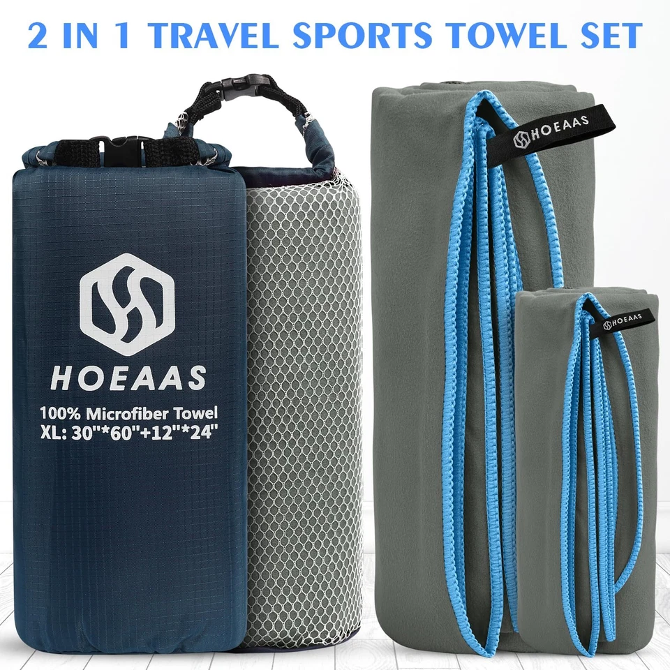 Paquete de 2 toallas de microfibra para camping toallas de secado rápido súper absorbentes ultra compactas T Foto 2 de 4