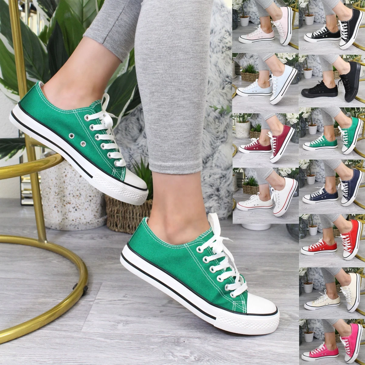 Canvas Sneaker Lace Up Plimsolls Ladies Trainer Girl Flat Pumps Women Shoes  Size