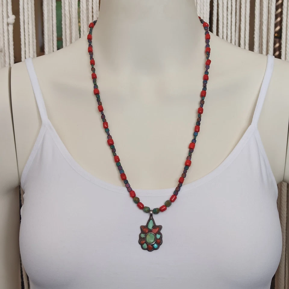 Богемский мужчин унисекс ожерелье старый винтажный Серебряный этнический кулон камень стеклянная бусина Мала - Изображение 4 из 4
