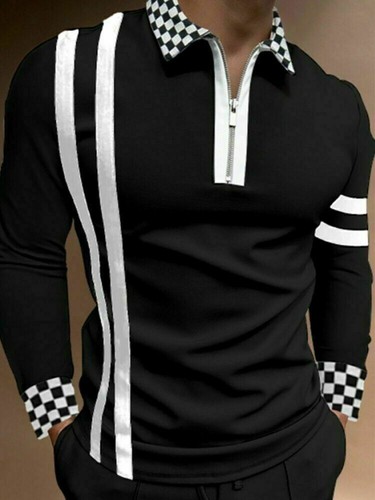 Polo Shirt Men Zipper Collar Fashion Long Sleeve 2 Tone Sport Golf Zip Tee Dress - Picture 11 of 32