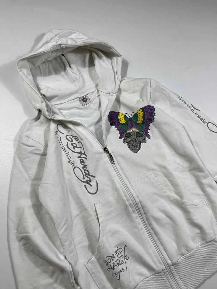 Vintage y2k Don Ed Hary Christian Audigier Roses & Hearts & Butterfly White Zip Foto 4 de 4