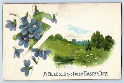 Easter Postcard Holy Cross Flowers Field Scene Winsch Back Silk Embossed c1910's