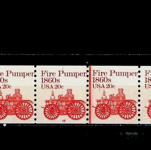 SCOTT # 1908 -  PANE OF 5 FIRE PUMPER PLATE # 20 CENT STAMPS - VF - OG - MNH - Image 2 of 3